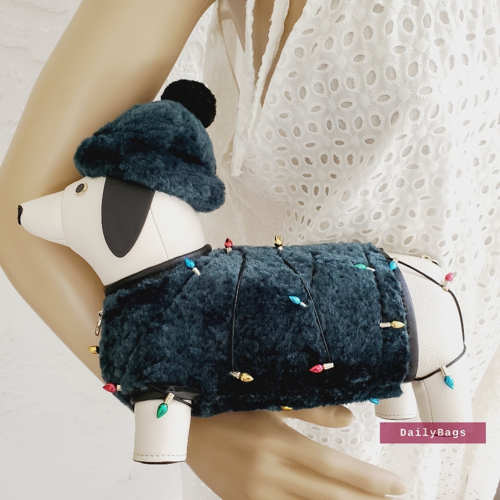BEAUTIFUL NWT KATE SPADE DACHSUND CHRISTMAS GREEN FUZZY CROSSBODY PEACOCK BAG